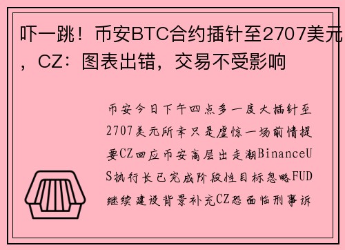 吓一跳！币安BTC合约插针至2707美元，CZ：图表出错，交易不受影响